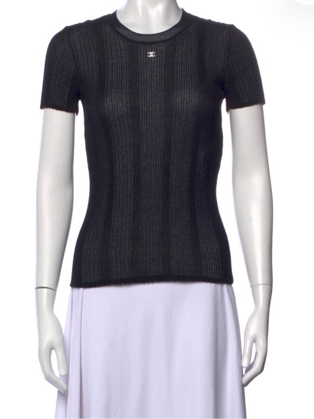 CHANEL Black Ribbed Short Sleeve Knit Top with CC Logo
